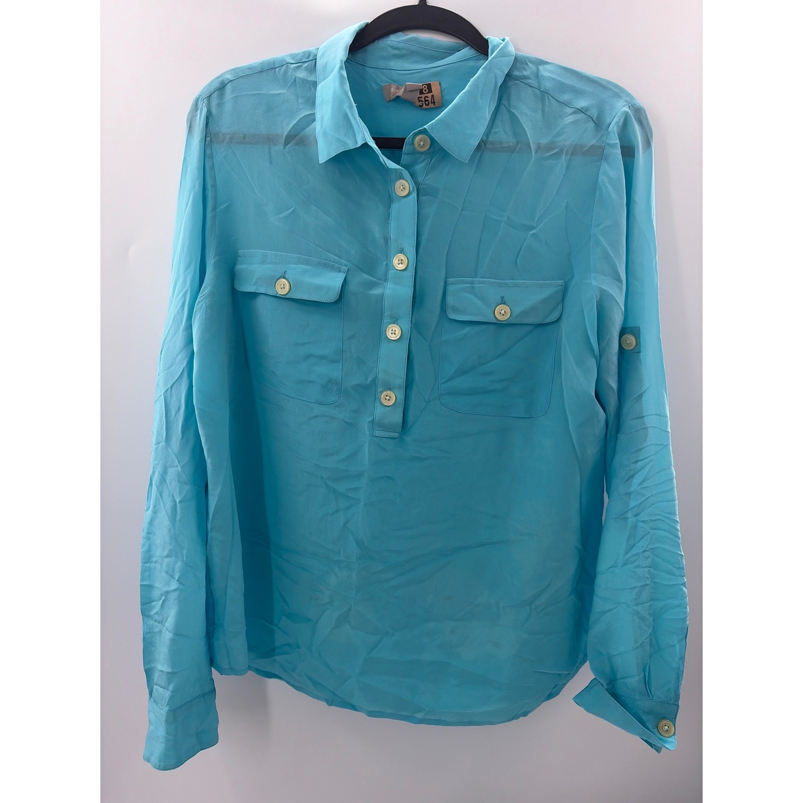 Banana Republic Silk Utility Blouse Turquoise Blue Roll Tab Sleeve Womens L